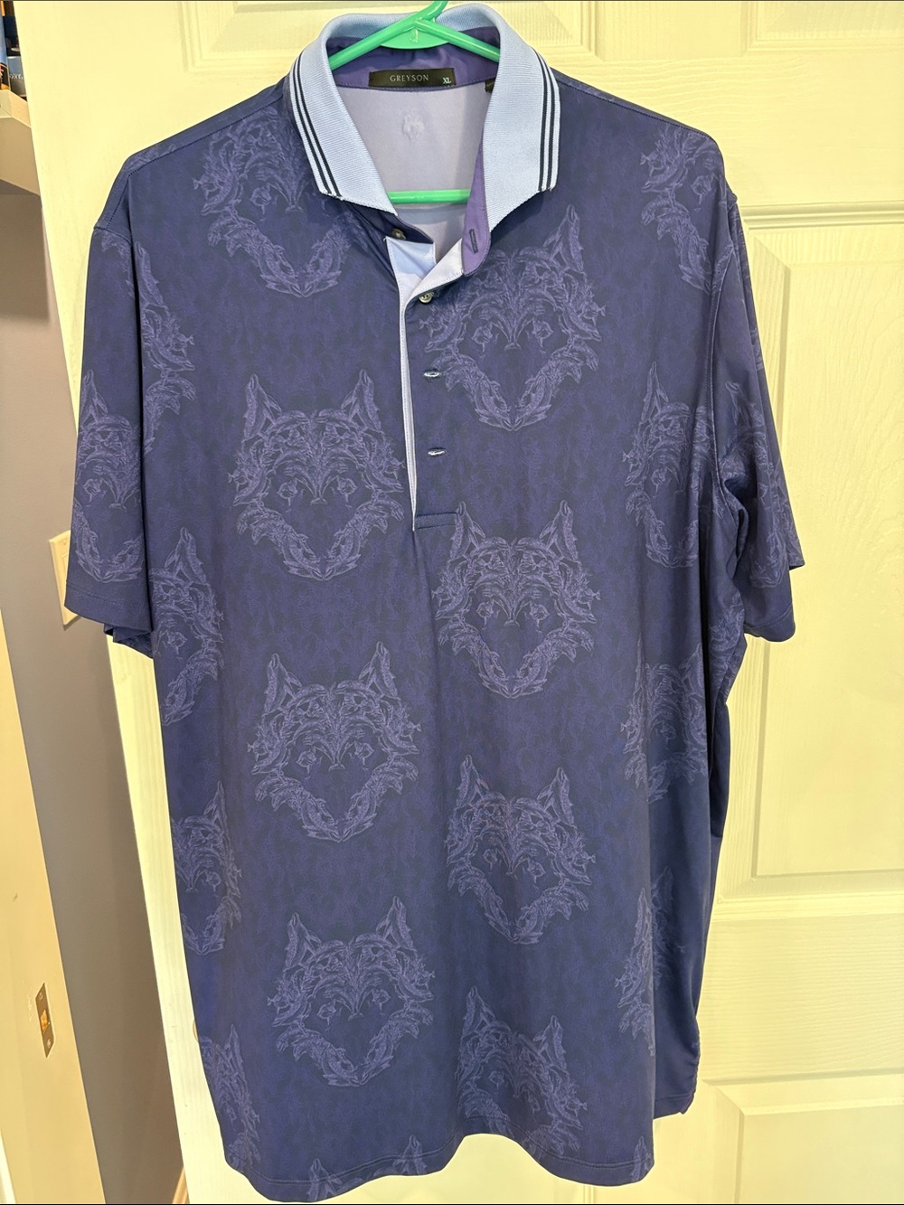 Greyson Men's Navy Polo with Tonal Wolf Jacquard and Light Blue Tipped Collar